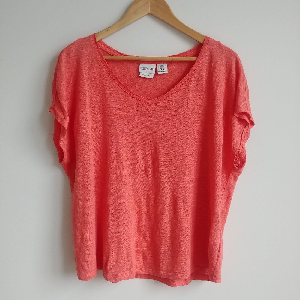 Rachel Zoe 100% linen knit V neck tee top shirt XL coral orange pink